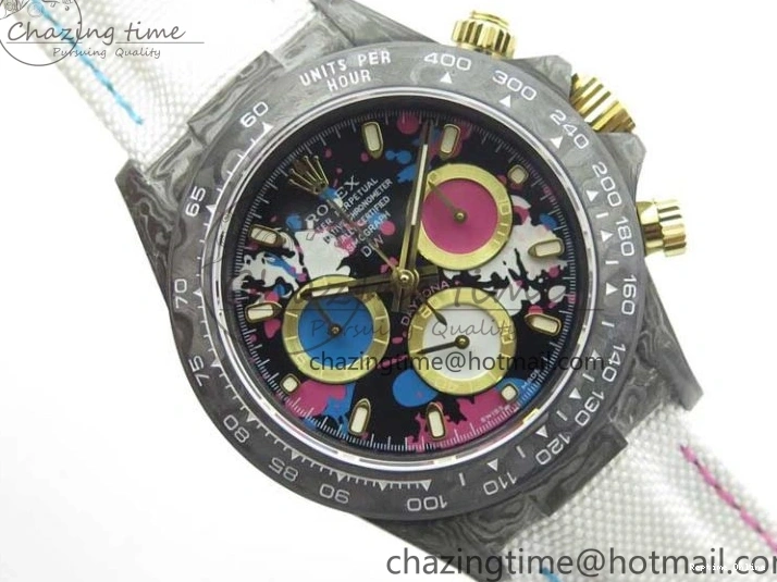 0413 ComfortFit Daytona DIW Carbon OMF Best Edition Blue Pink White Dial on White Nylon Strap A 2833